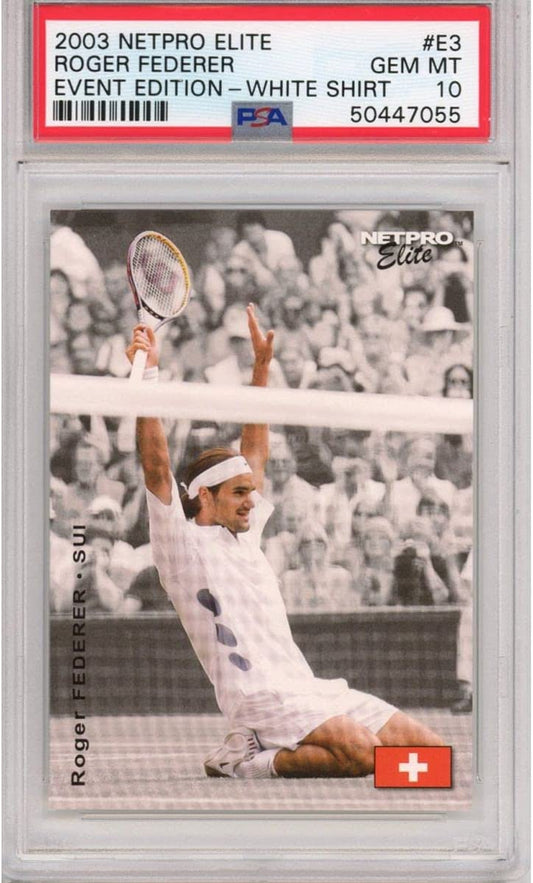 Graded 2003 Netpro Elite Roger Federer #E3 Event Edition White Shirt Rookie RC Tennis Card PSA 10 Gem Mint