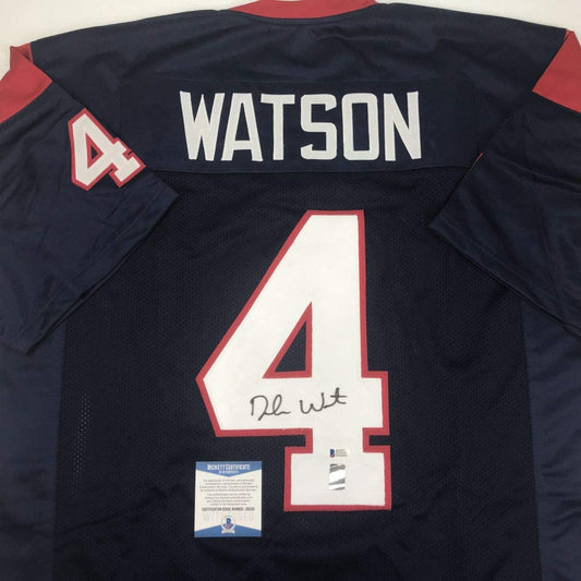Autographed/Signed Deshaun Watson Houston Blue Football Jersey Beckett BAS COA