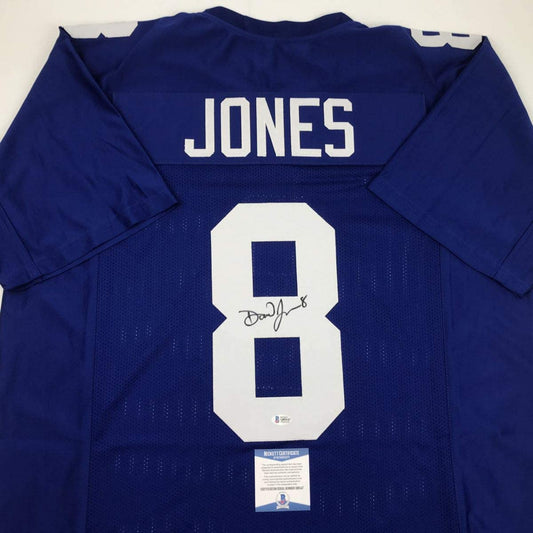 Autographed/Signed Daniel Jones New York Blue Football Jersey Beckett BAS COA