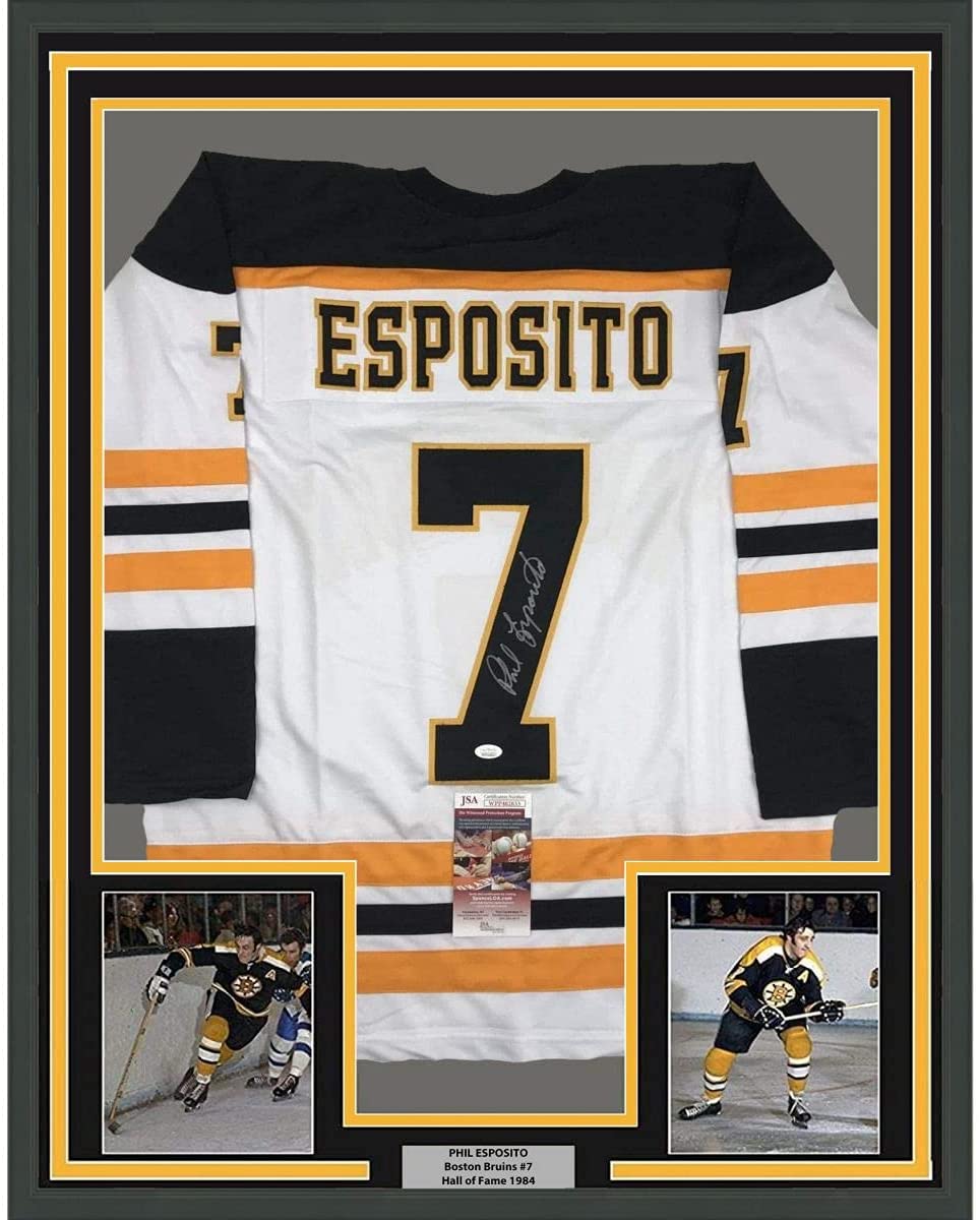 Framed Autographed/Signed Phil Esposito 35x39 Boston White Hockey Jersey JSA COA