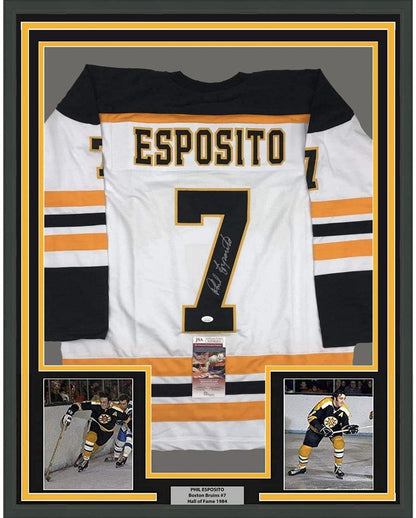 Framed Autographed/Signed Phil Esposito 35x39 Boston White Hockey Jersey JSA COA