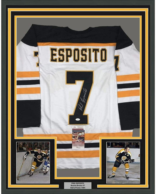 Framed Autographed/Signed Phil Esposito 35x39 Boston White Hockey Jersey JSA COA