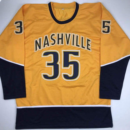Autographed/Signed Pekka Rinne Nashville Yellow Hockey Jersey Beckett BAS COA