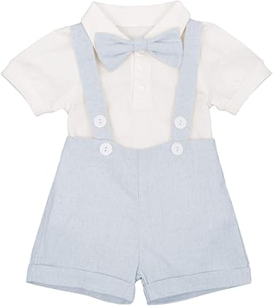 Baby Boys Formal Suit Cake Smash Outfit 1st/2nd Birthday Party Romper Shirt + Suspenders Shorts Bib pants + Bowtie 3Pcs Set Summer Wedding Baptism Christening Clothes for Photo Shoot Blue 6-12M