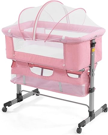3 in 1 Travel Baby Crib, Baby Bed with Breathable Net, Adjustable Portable Bed for Infant/Baby with Detachable Mosquito net and Mattress, Pink