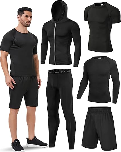 5Pcs Men Compression Workout Set, Compression Pants Shirt Top Long Sleeve Jacket for Gym, Men Athletic Baselayer Sets