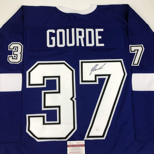 Autographed/Signed Yanni Gourde Tampa Bay Blue Hockey Jersey JSA COA