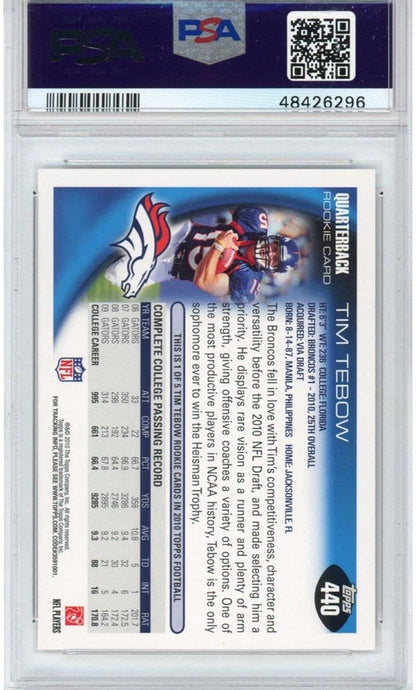Graded 2010 Topps Tim Tebow #440 Leaping Rookie RC Football Card PSA 10 Gem Mint