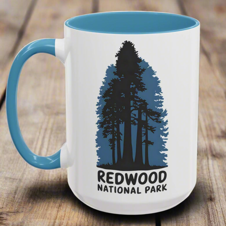 Redwood National Park Accent Coffee Mug 11oz 15oz Shaded Trees Blue Black Pink Red Outdoor Inspired