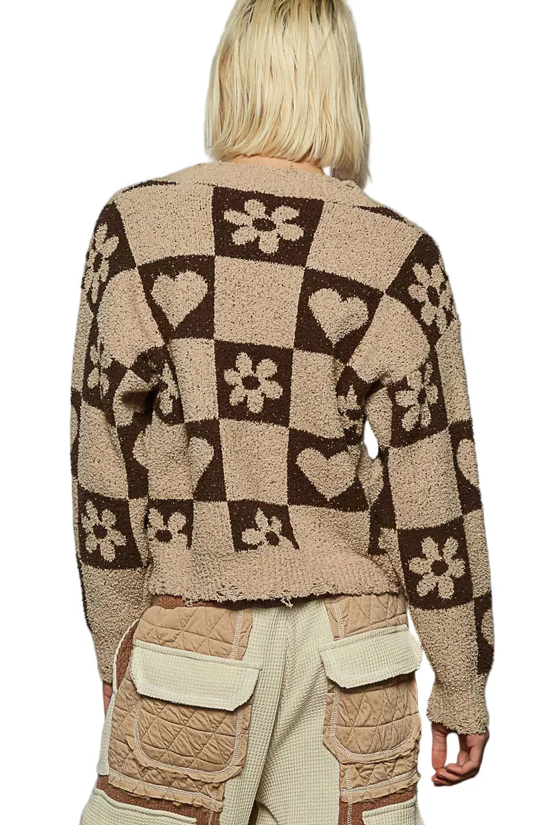V-Neck Heart Pattern Checkered Sweater