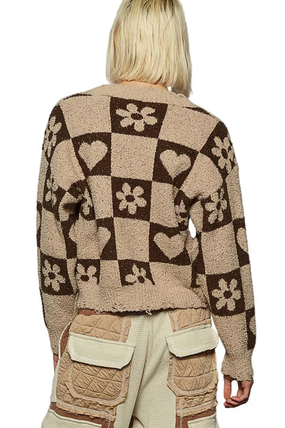 V-Neck Heart Pattern Checkered Sweater