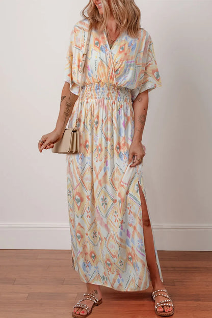Printed Half Sleeve Shirred High Waist Maxi Dress