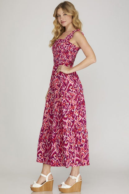 She Sky Full Size Smocked Printed Wide Strap Tiered Dress Plus Size
