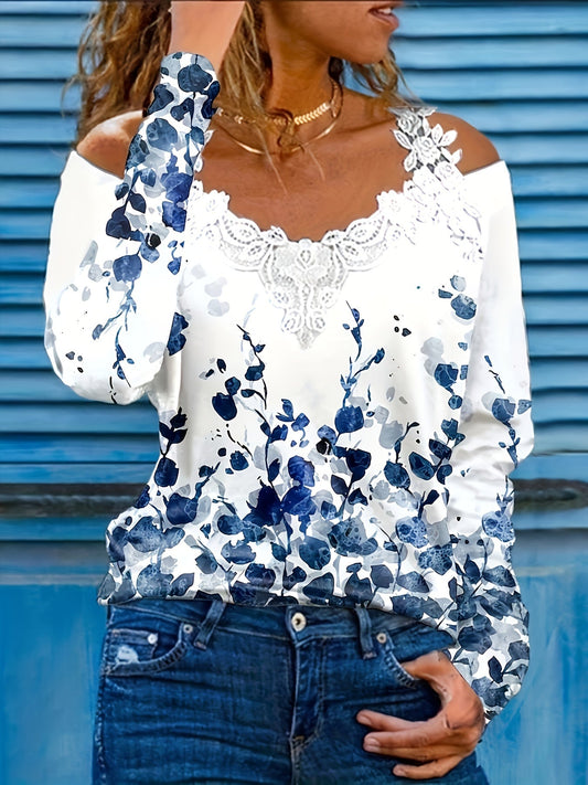 Watercolor Floral Off-Shoulder Lace Top - Navy White Long Sleeve