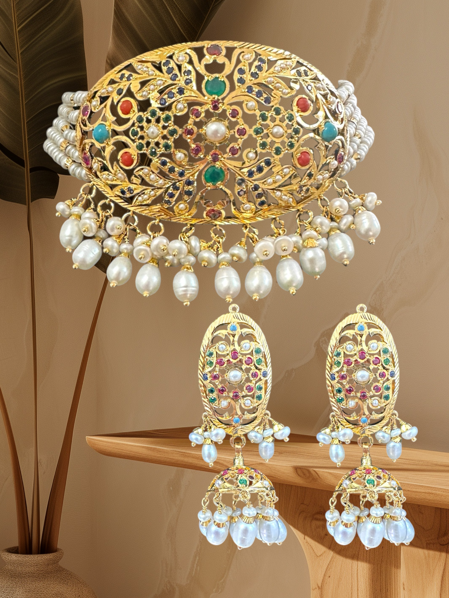 Navratan / Multicolored Jadau choker Set in Gold Plated Silver ( SHIPS IN 5 WEEKS  )