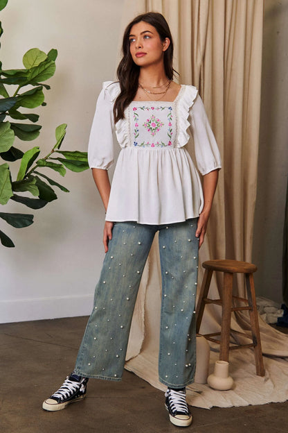 Davi & Dani Texture Tie Back Floral Embroidery Frill Blouse