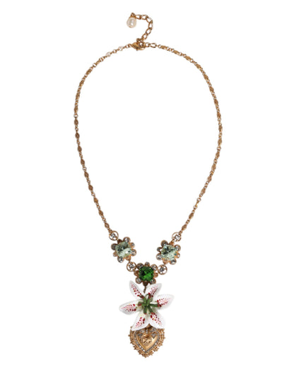 Dolce & Gabbana Gold Brass Lily Crystal Sacred Heart Pendant Necklace