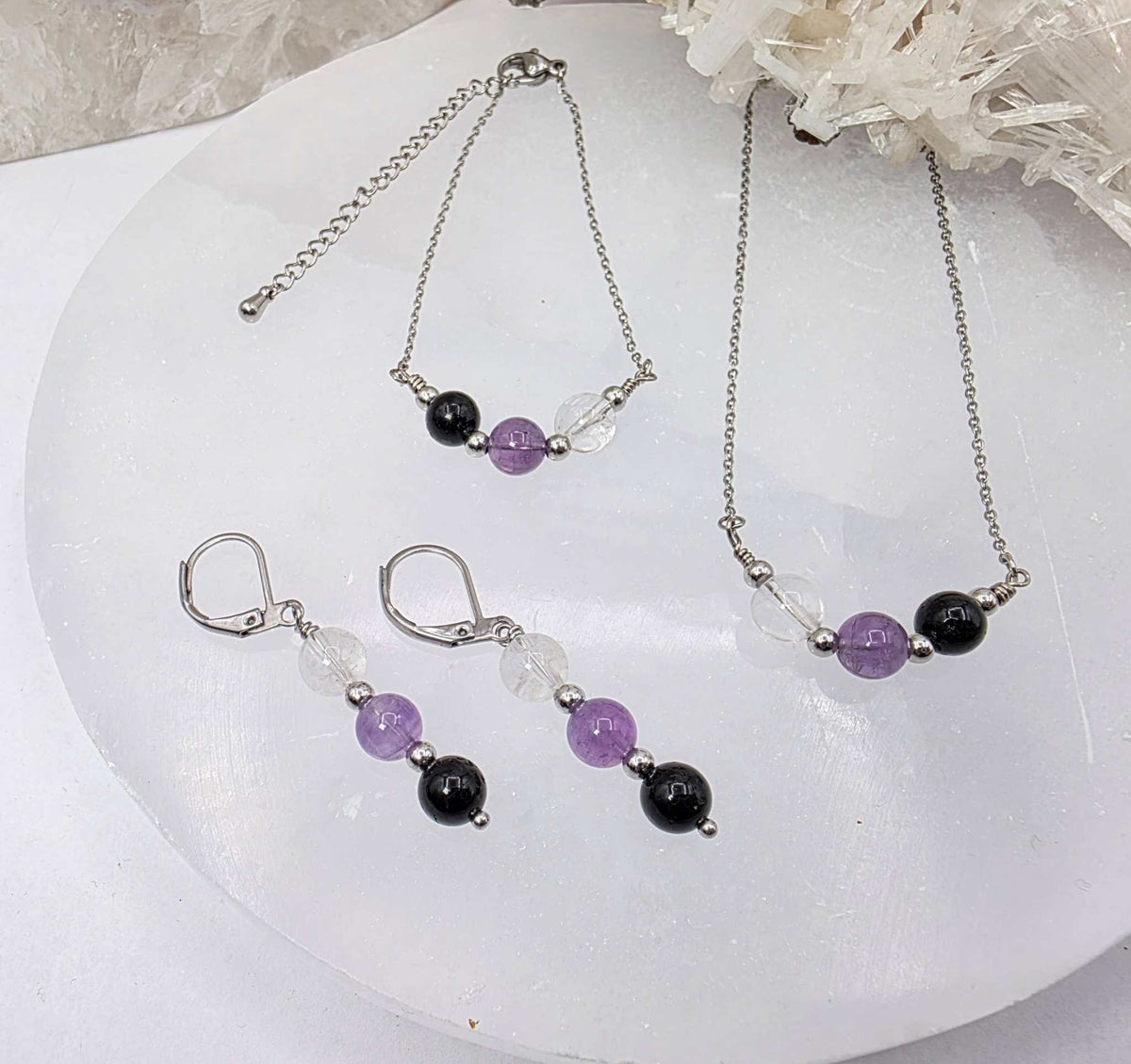 SACRED SPACE - Clear Quartz, Amethyst, Black Onyx Jewelry Set