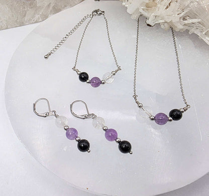 SACRED SPACE - Clear Quartz, Amethyst, Black Onyx Jewelry Set