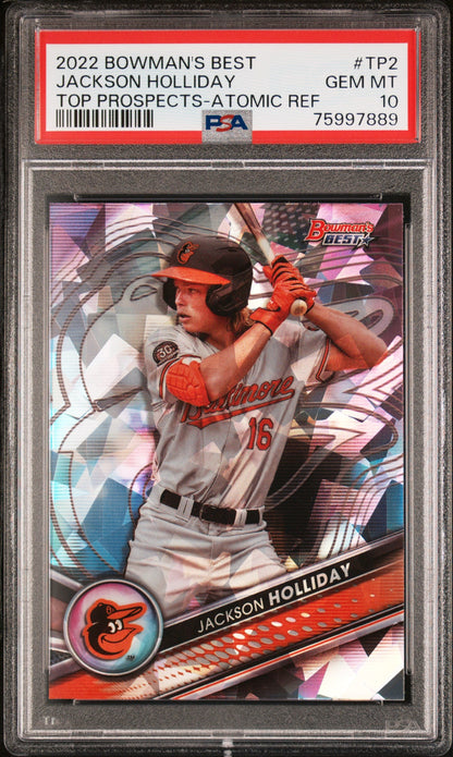 Graded 2022 Topps Bowmans Best Jackson Holliday #TP2 Top Prospects-Atomic Refractor Rookie RC Baseball Card PSA 10 Gem Mint