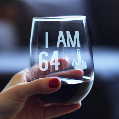 64 + 1 Middle Finger - 65th Birthday Stemless Wine Glass for Women & Men - Cute Funny Wine Gift Idea - Unique Personalized Bday Glasses for Mom, Dad, Friend Turning 65 - Drinking Party Decoration