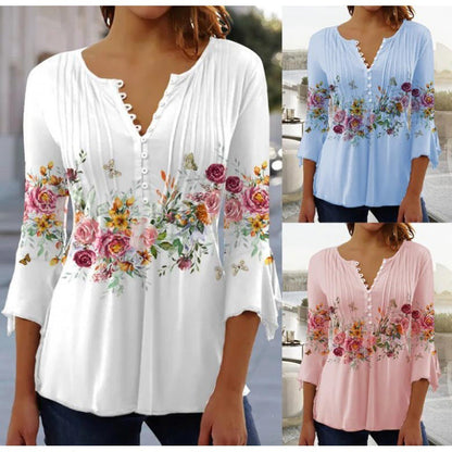Floral V-Neck Pleated Top - 3/4 Sleeve Button Front Blouse