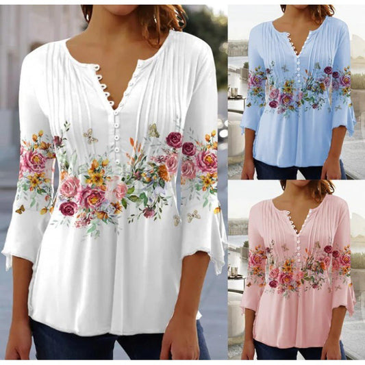 Floral V-Neck Pleated Top - 3/4 Sleeve Button Front Blouse