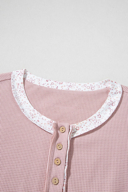 Waffle Floral Patchwork Exposed Seam Detail Short Sleeve Top
