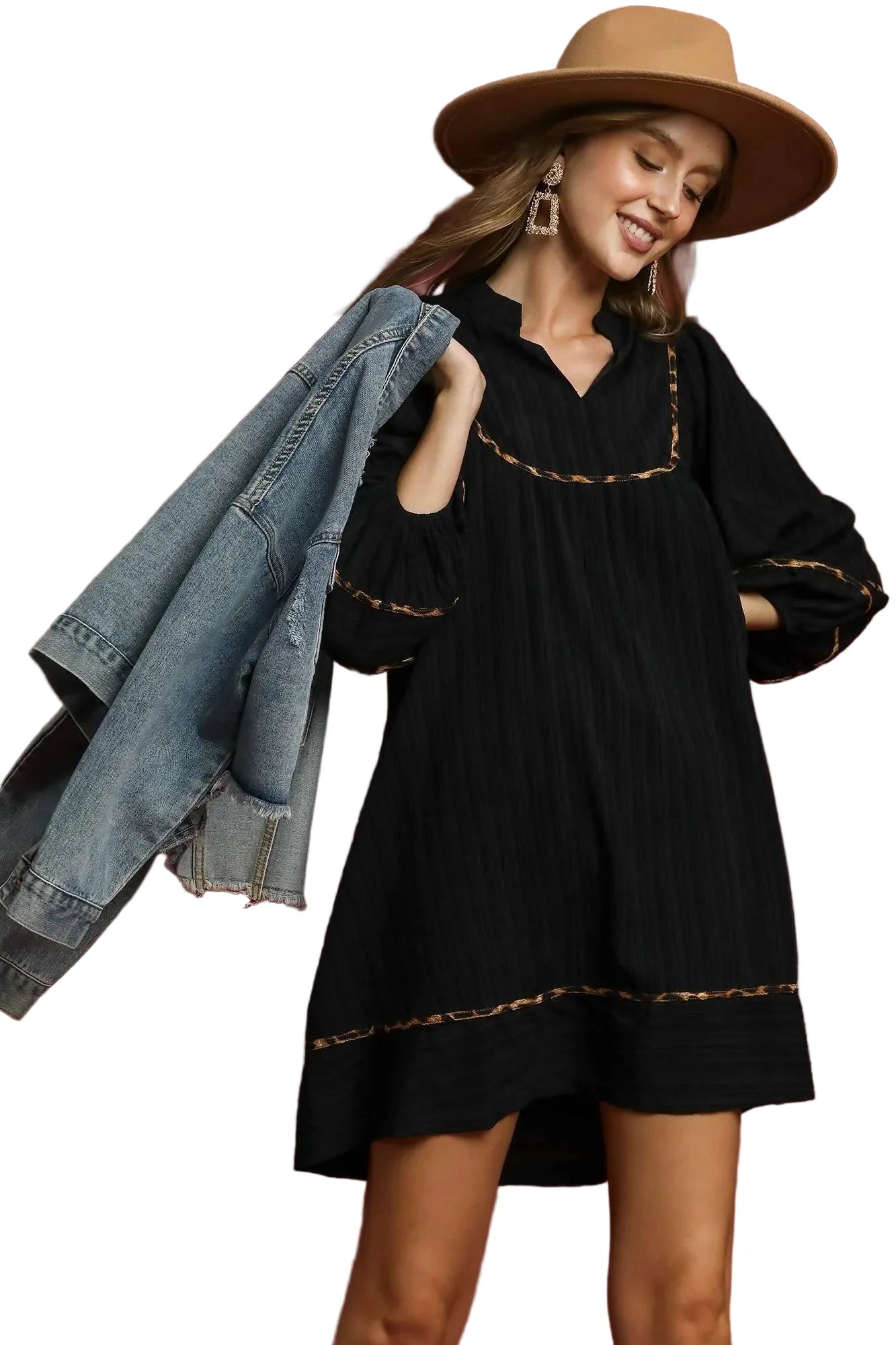 Full Size Textured Babydoll Dress with Leopard Trim Plus Size