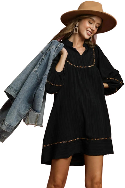 Full Size Textured Babydoll Dress with Leopard Trim Plus Size