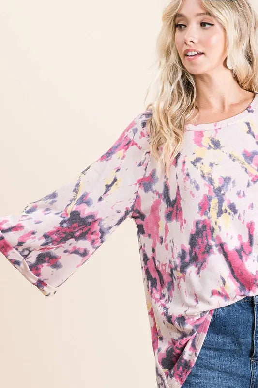 BiBi Tie Dye Print Terry A Line Top with Bell Sleeves