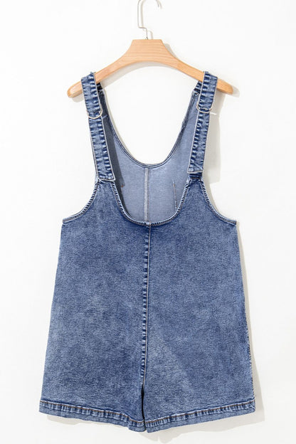 U Neck Patched Pocket Denim Overalls