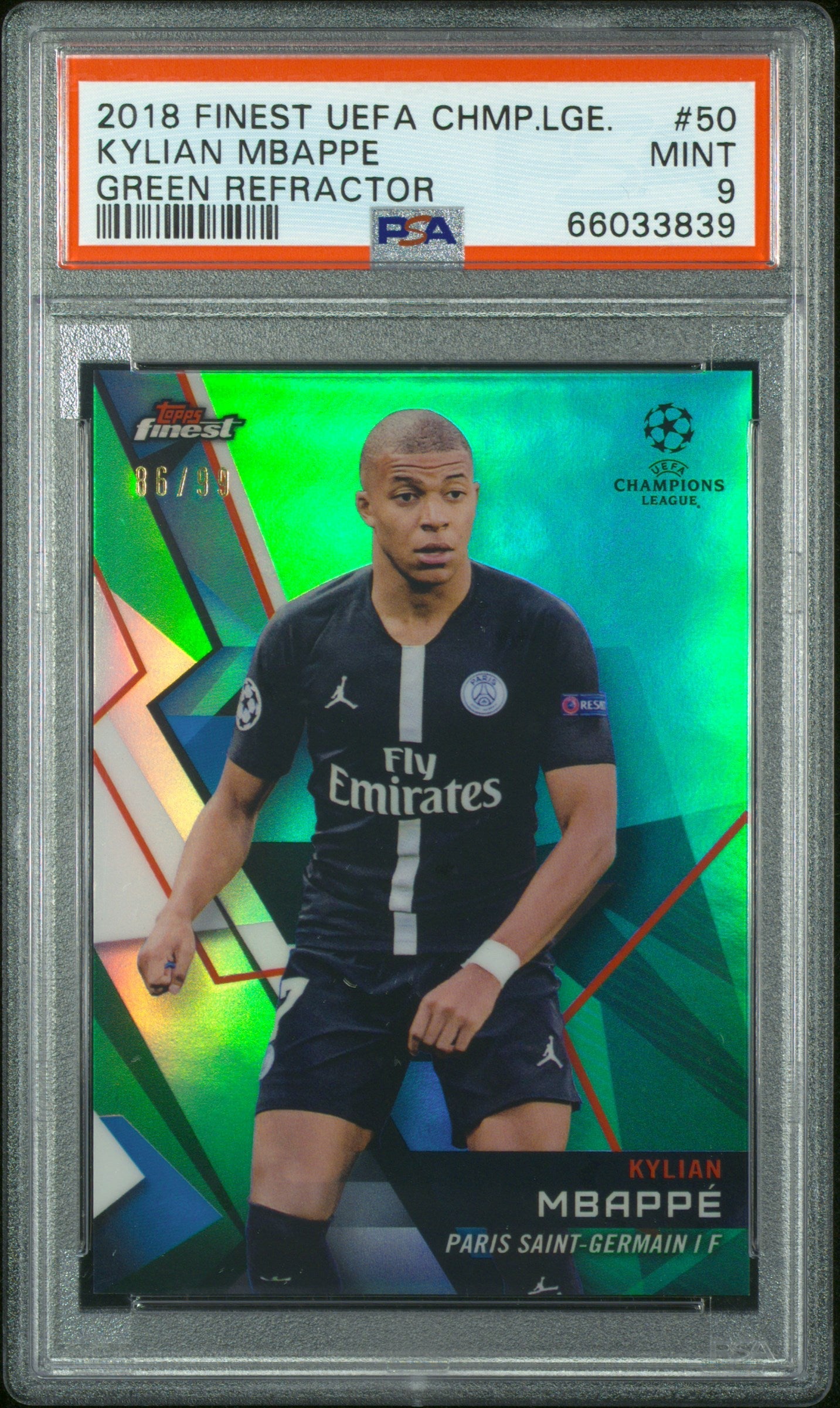 Graded 2018 Topps Finest UCL Kylian Mbappe #50 Green Refractor /99 Soccer Card PSA 9 Mint