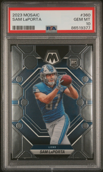 Graded 2023 Panini Mosaic Sam LaPorta #360 Rookie RC Football Card PSA 10 Gem Mint