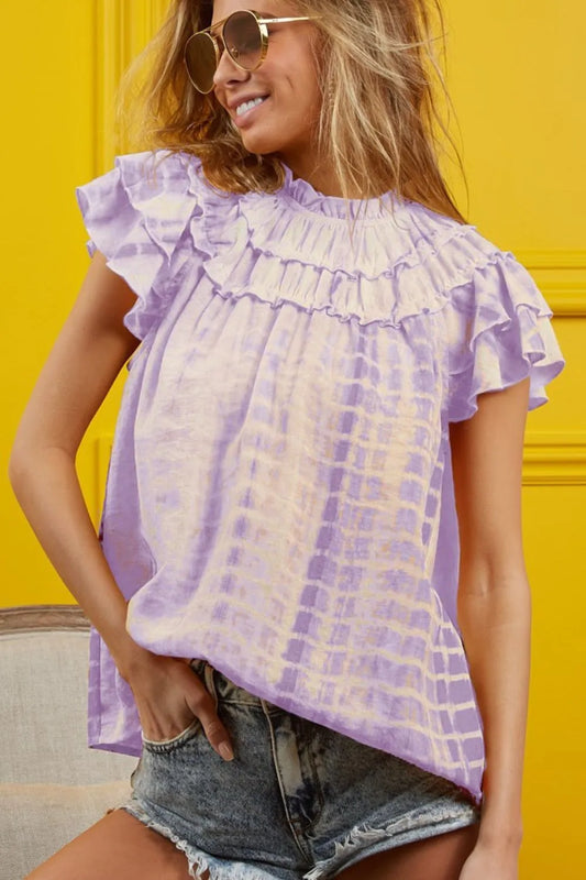 BiBi Tiered Ruffle Neck Tie Dye Top