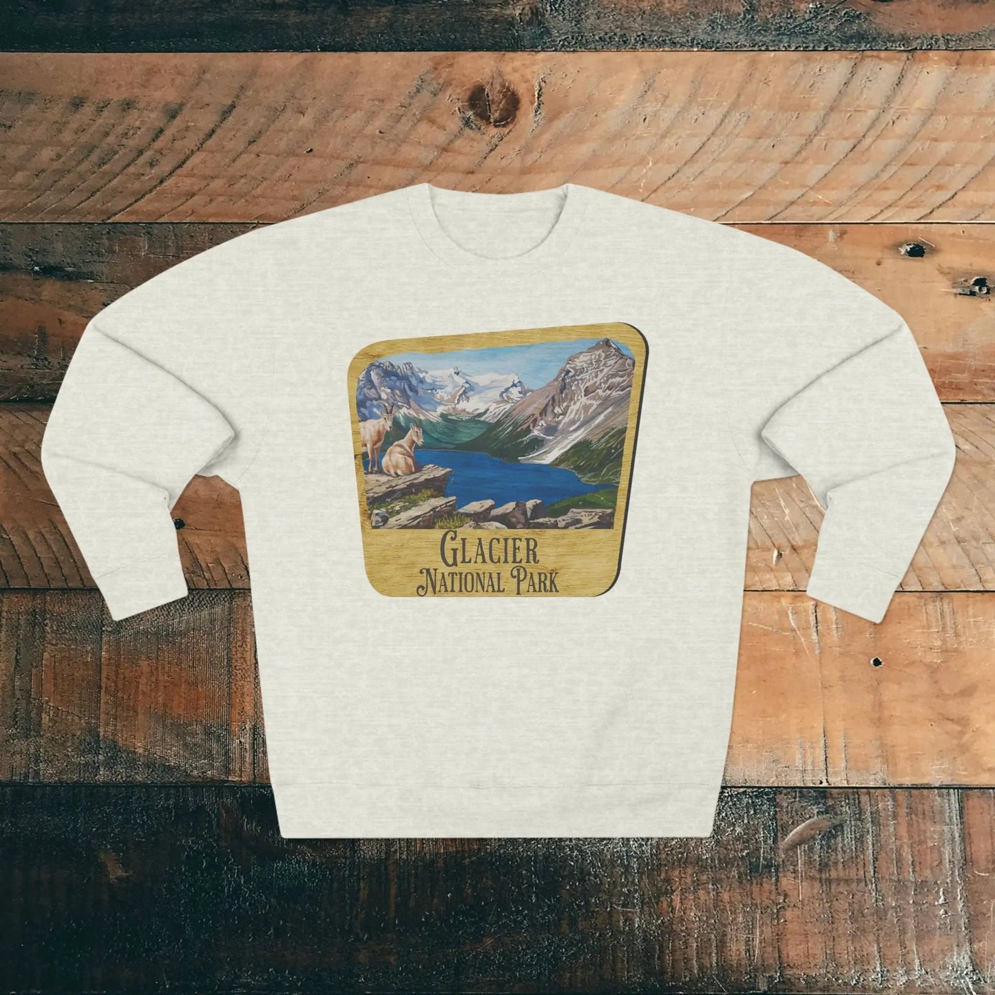 Glacier National Park Unisex Fit Crewneck Sweatshirt Wood Sign Lake View