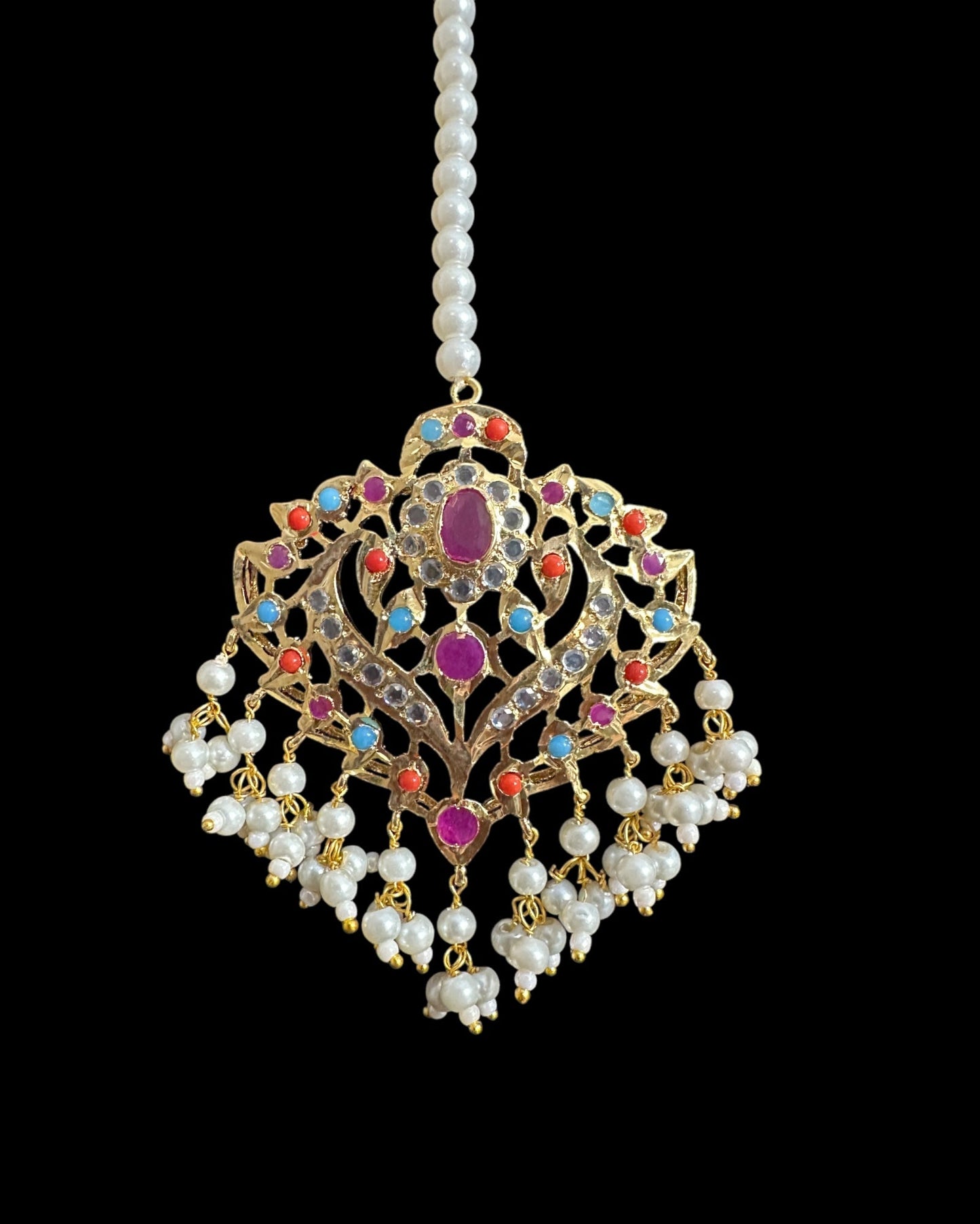 DJTK359 Ekta Gold-Plated Polki Tikka in multicolor & Shell Pearls  ( READY TO SHIP )