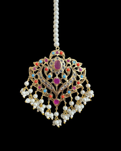 DJTK359 Ekta Gold-Plated Polki Tikka in multicolor & Shell Pearls  ( READY TO SHIP )
