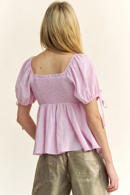 Davi & Dani Solid Elastic Peplum Puffed Sleeves Blouse