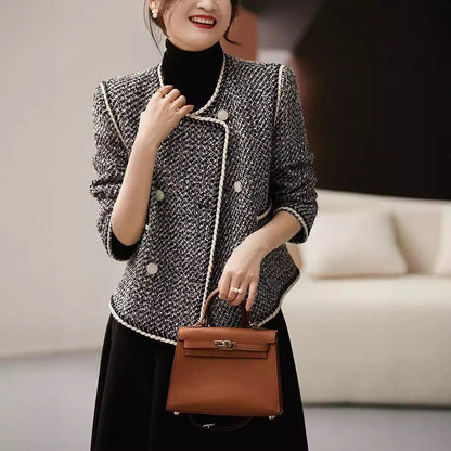 Black White Tweed Double-Breasted Cropped Blazer - Short Coat