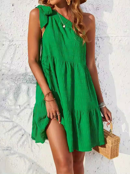 Textured Tied Single Shoulder Mini Dress