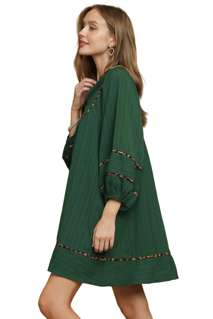 Textured Babydoll Dress with Leopard Trim