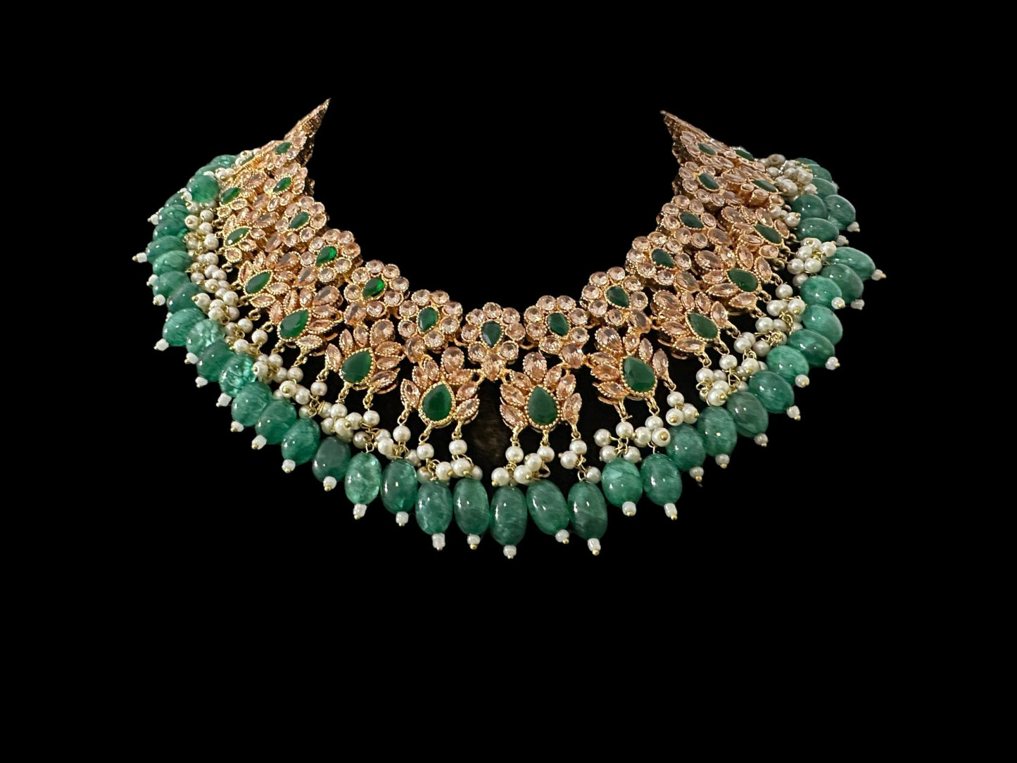 BR500 Kafiya bridal set in golden / champagne  stones and green beads ( READY TO SHIP )