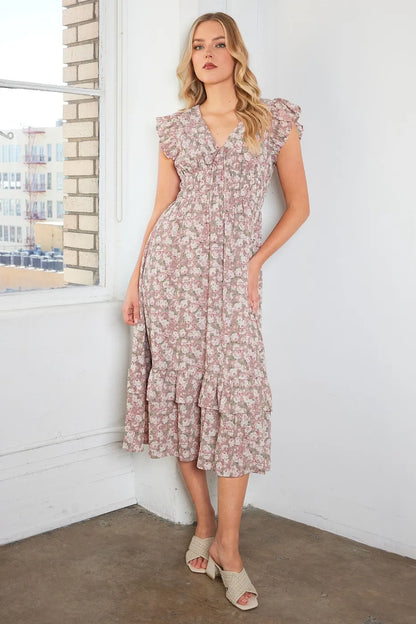 Mittoshop Flower Print Ruffle Cap Sleeve V-neck Midi Dress