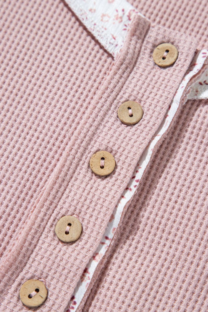 Waffle Floral Patchwork Exposed Seam Detail Short Sleeve Top