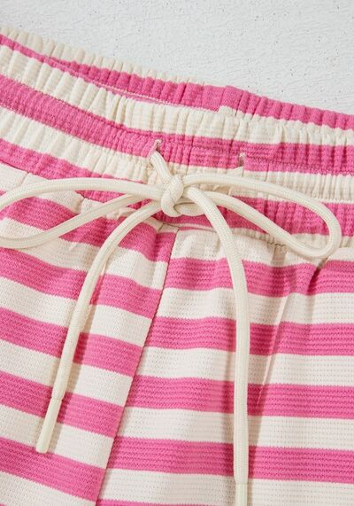Striped Round Neck T-Shirt and Drawstring Shorts Set