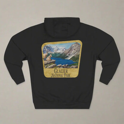 Glacier National Park Unisex Fit Fleece Hoodie Scenic Mountain Goat View Graphic Wooden Sign