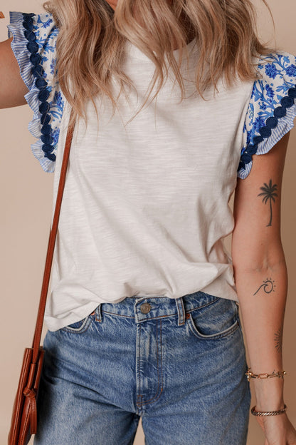 Round Neck Printed Ruffled Cap Sleeve Blouse