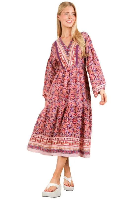 VERY J Floral Printed Boho V-Neck Balloon Sleeve Dress