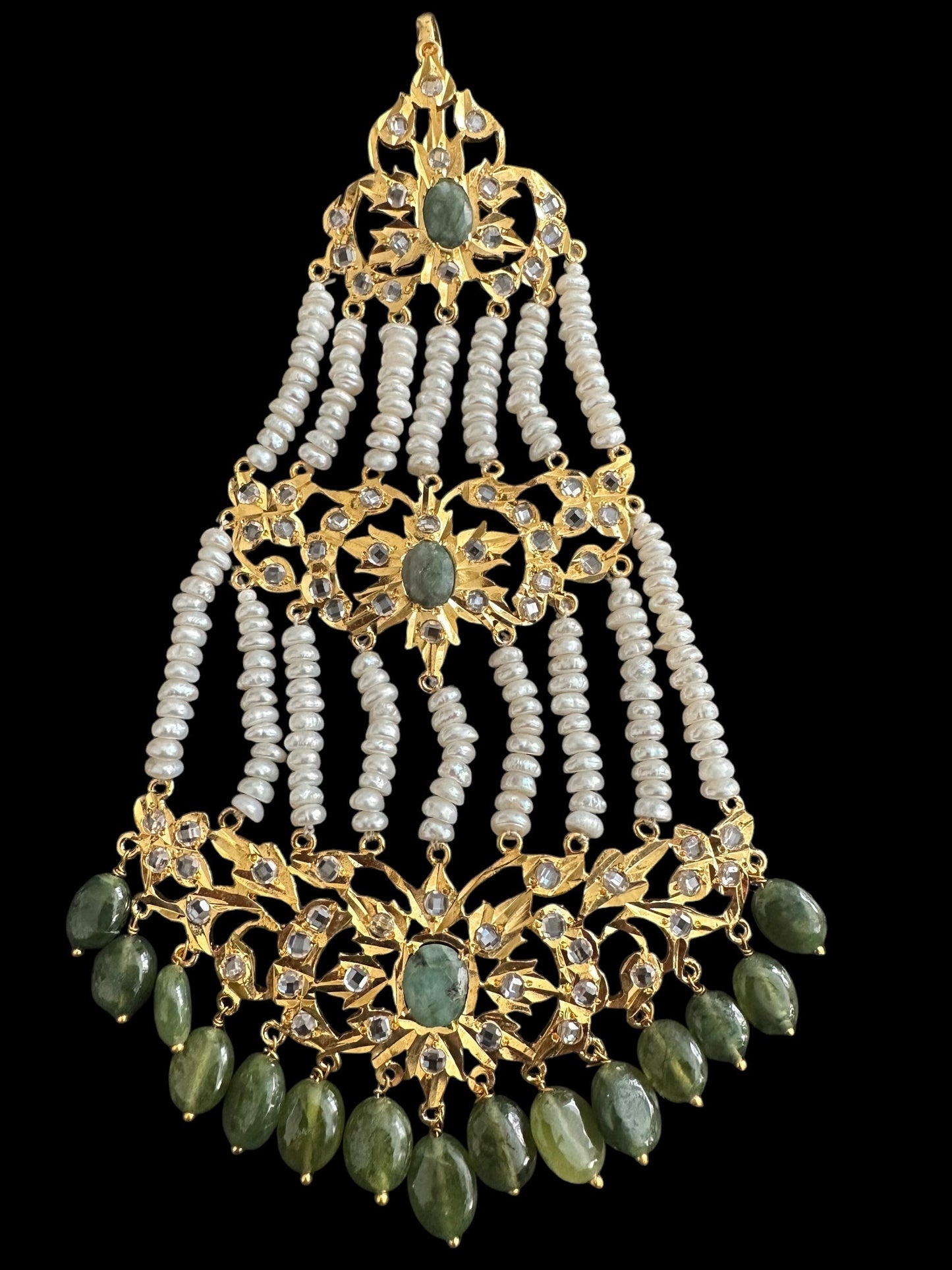 JTK11 Insha hyderabadi jhoomar tika in emeralds and fresh water pearls ( READY TO SHIP )
